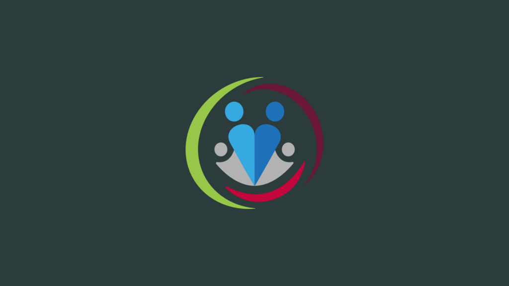 Symbol mit stilisierten Figuren in Blau und Grau, umgeben von geschwungenen Linien in Grün und Rot, auf dunklem Hintergrund.