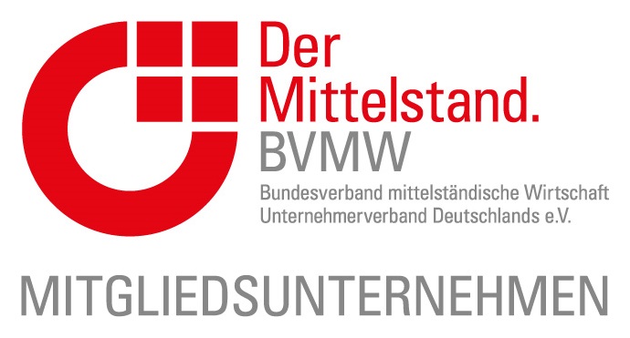 Logo des Bundesverbands mittelständische Wirtschaft (BVMW) mit dem Text "MITGLIEDSUNTERNEHMEN" darunter.