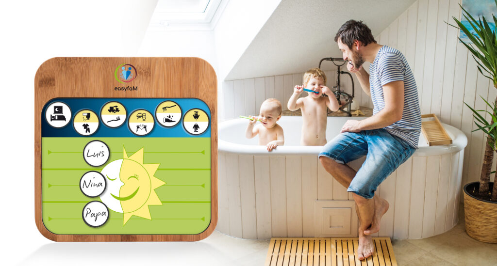 Vater und zwei Kinder putzen Zähne in der Badewanne, daneben ein Bildschirm mit symbolischen Aufgaben.