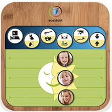 A wooden board with symbols for activities and two photos of children, which could represent a daily structure.