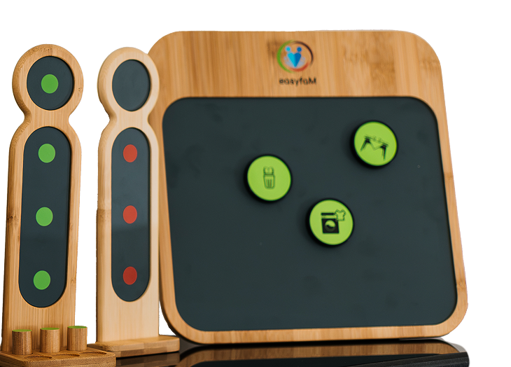 Wooden toy with figures and a board with green symbols for various activities.